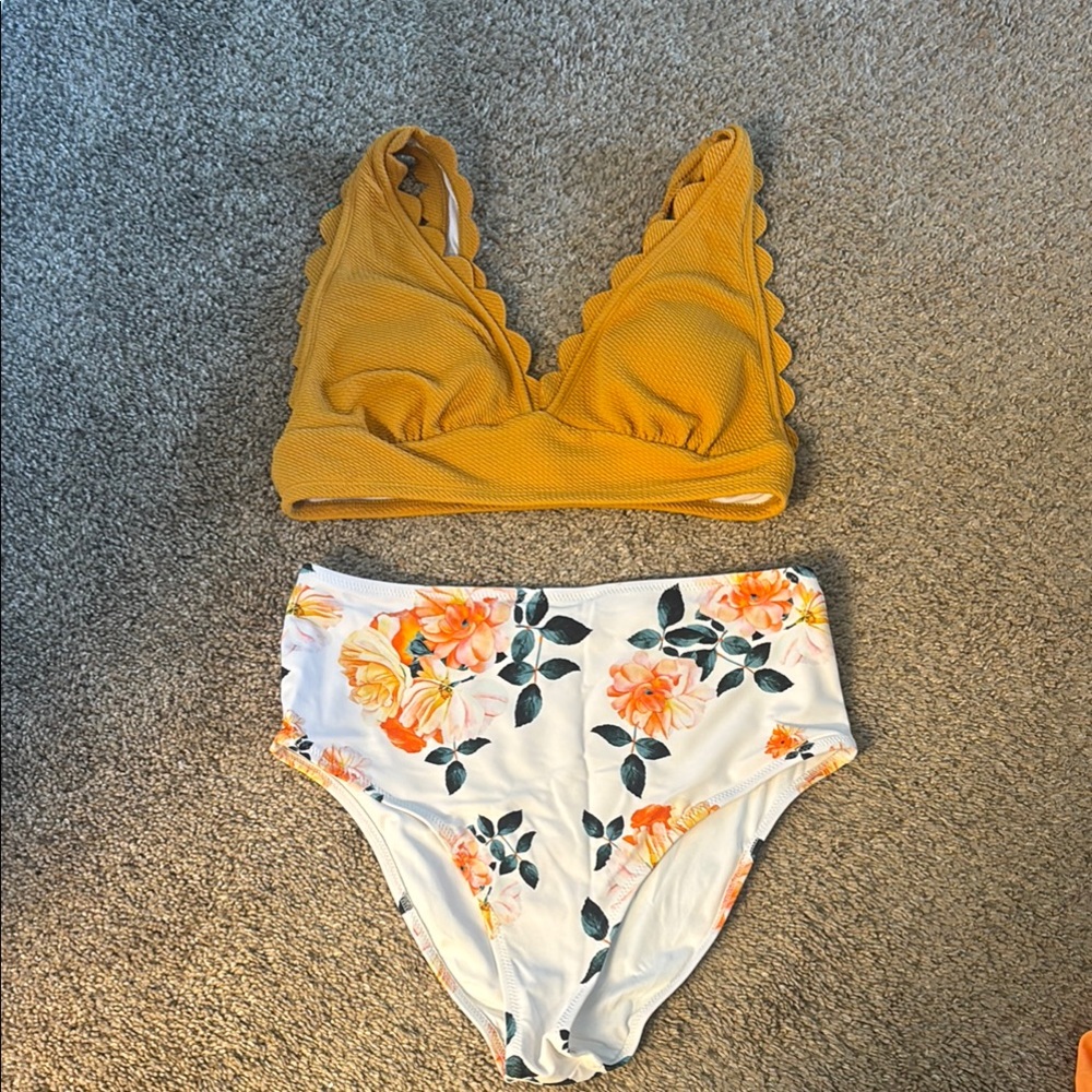 CupShe Yellow Scalloped Bikini Top and Floral High-Waist Bottom